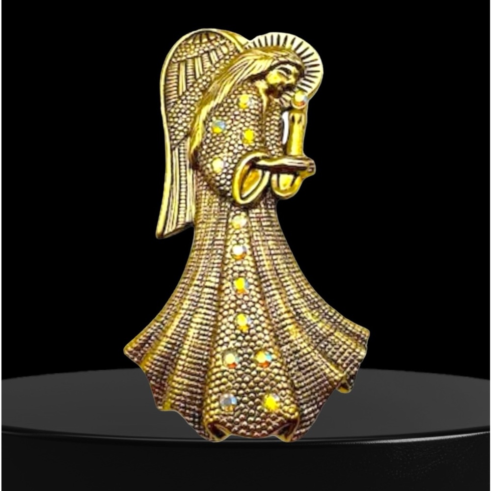 Etched Rhinestone Gold-Tone Angel with Candle Brooch